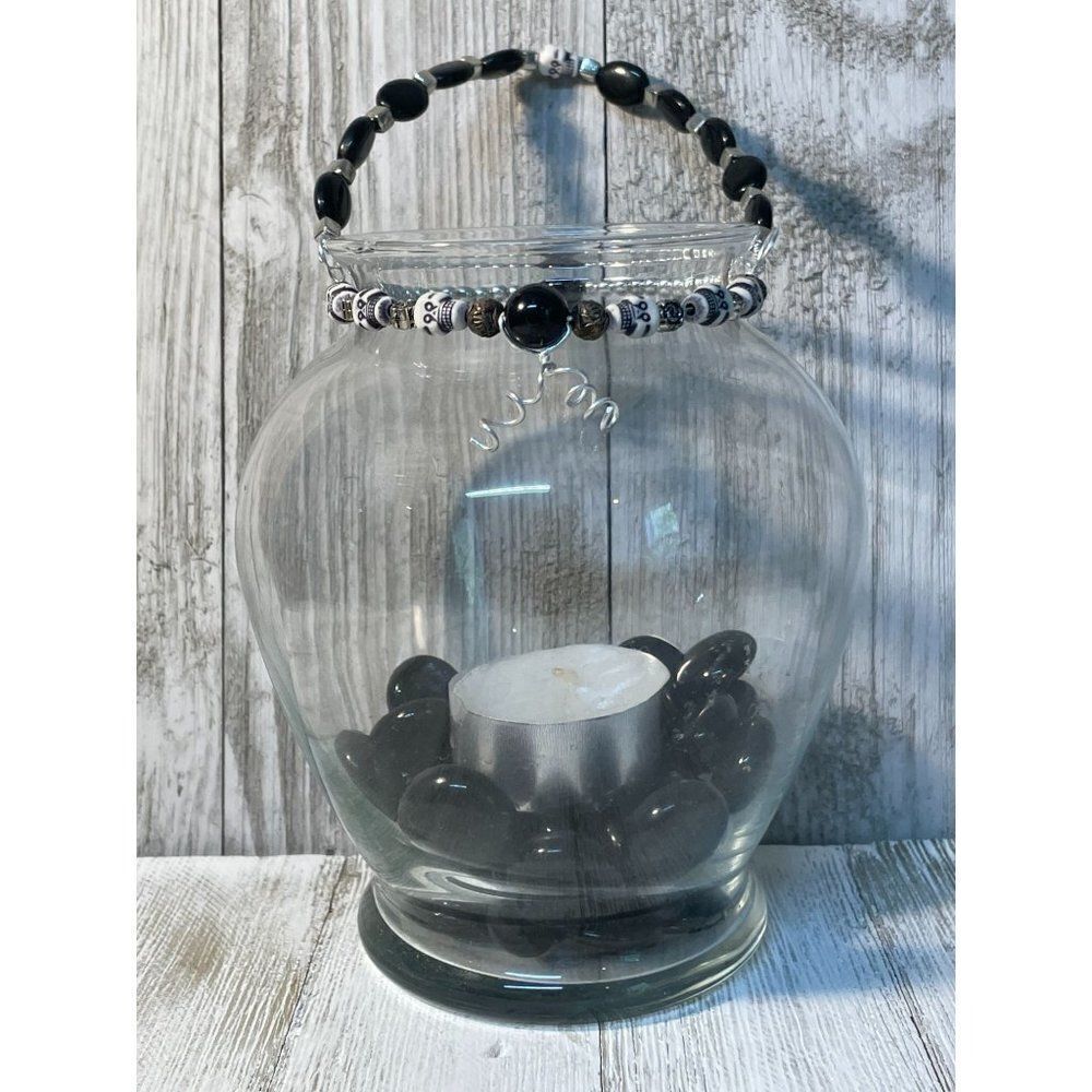 Hand Crafted Beaded Jar Lantern Glass Candle Holder Lantern Tea Light Votive Sku